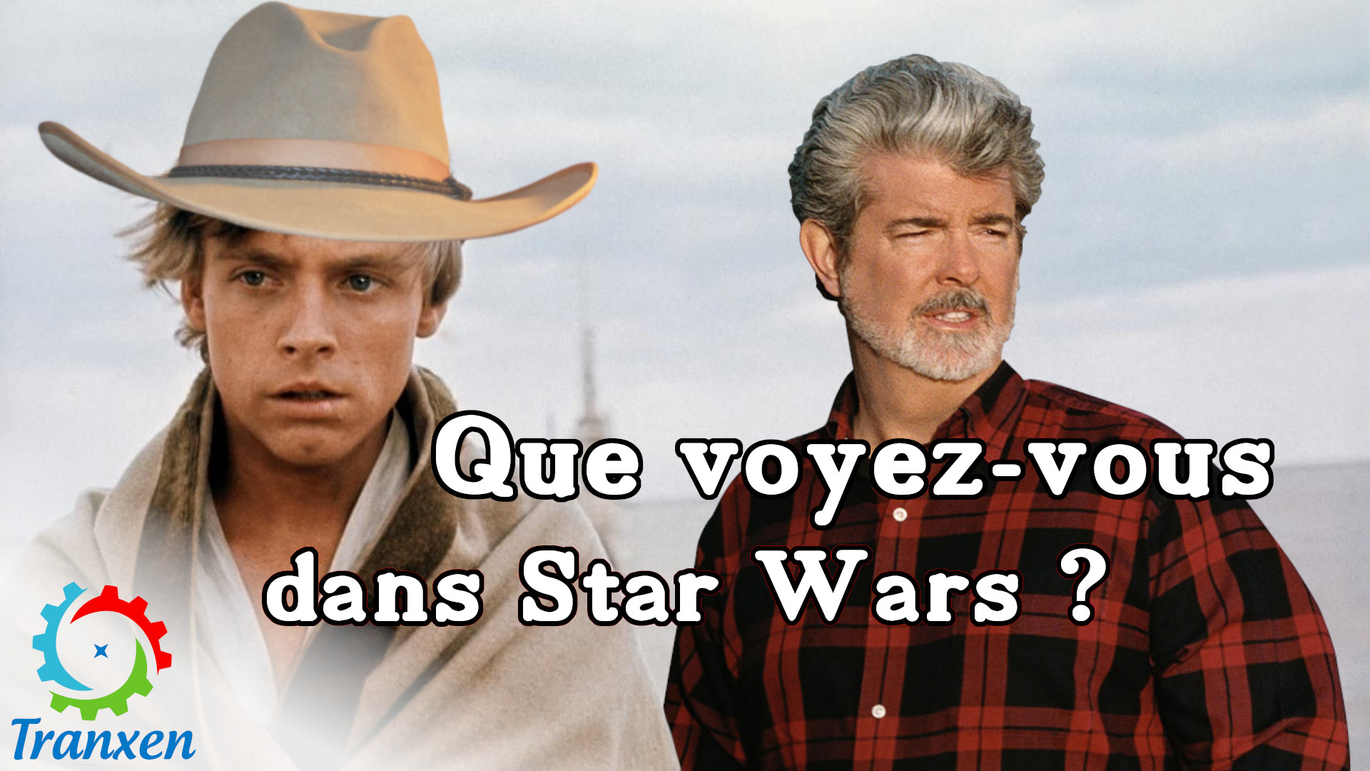 Le titre "que voyez-vous dans Star Wars", avec Luke Skywalker en poncho et avec un chapeau de cow-boy, et George lucas regardant dans une direction légèrement différente.