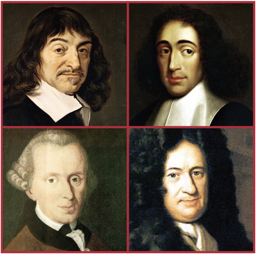 Visage de R. Descartes, B. Spinoza, E. Kant et J. Liebniz