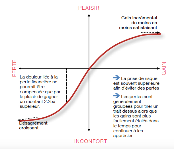 Une courbe illustrant la théorie de Kahneman et Tversy. L'axe vertical est plaisir/inconfort, l'horizontal perte/gain.

La courbe dans le quart "Perte-Inconfort" descend beaucoup plus vite qu'elle ne monte dans le quart "Plaisir-Gain".
