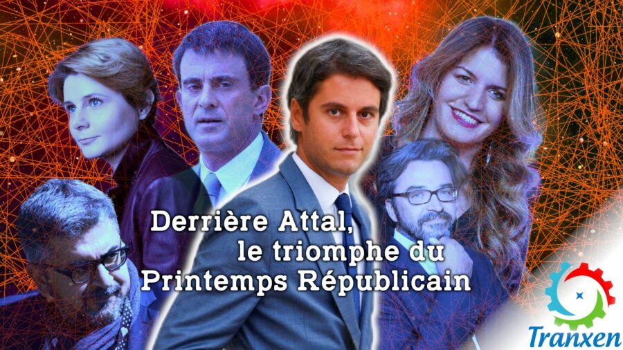 Miniature de l'article "Derrière Attal, le triomphe du Printemps Républicain", avec en avant-plan Gabriel Attal. En arrière plan on voit les figures fantomatique de Mohamed Sifaoui, Caroline Fourest, Manuel Valls, Marlène Schiappa et Laurent Bouvet.